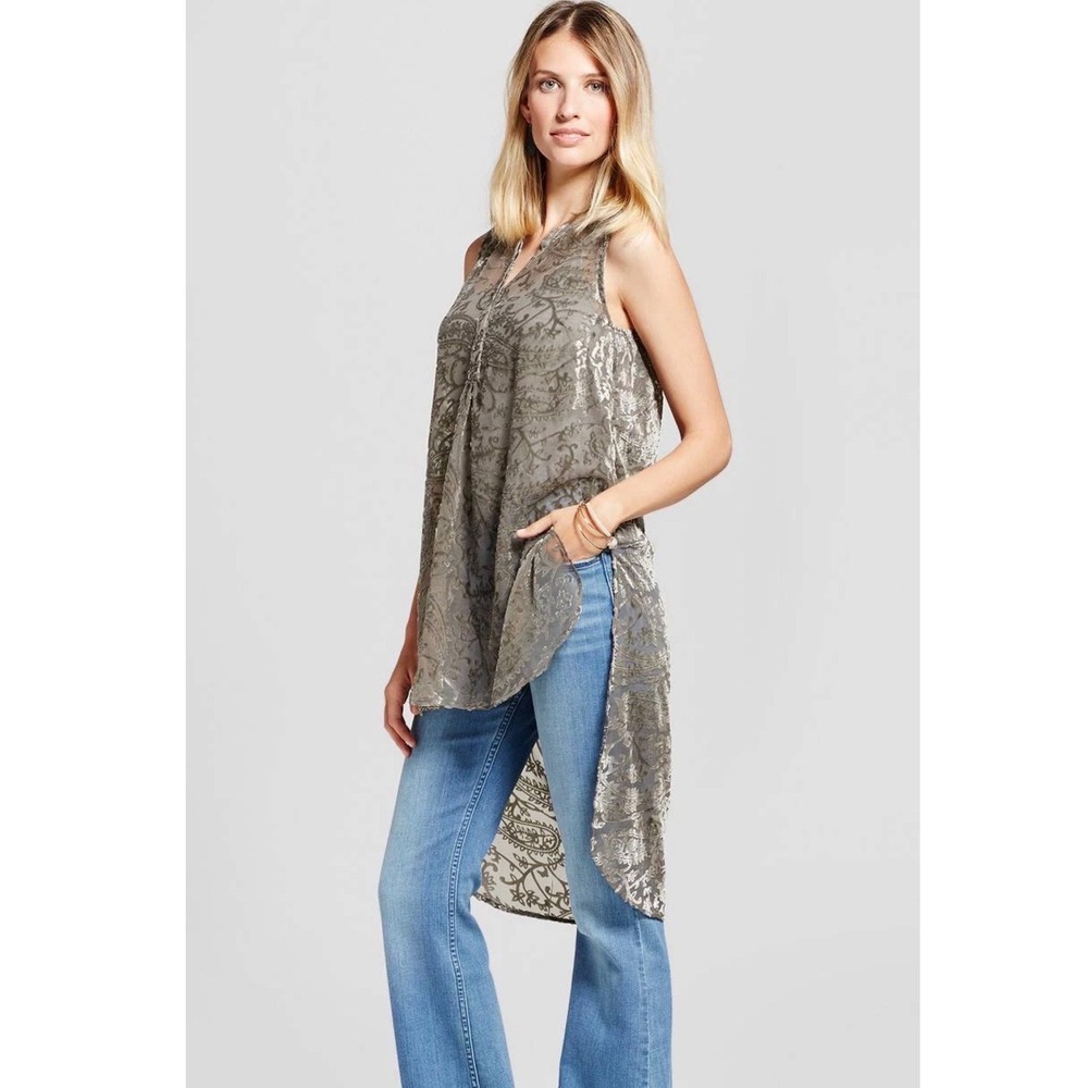 Knox Rose Olive Green Burnout Velvet Paisley High-Low Sleeveless Tunic Top XS